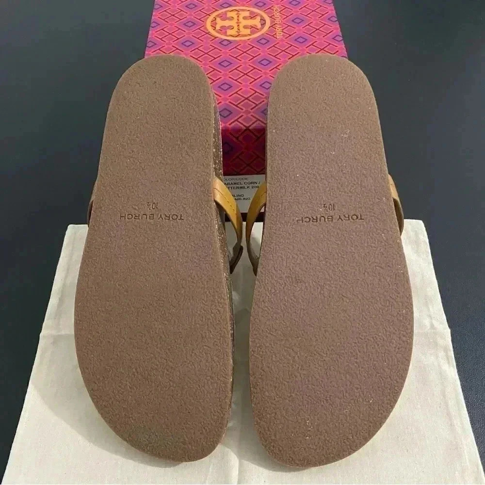 Tory Burch Miller Sandals Size 10.5 Leather Cloud Shearling Neutral Box Dust Bag - Picture 11 of 13